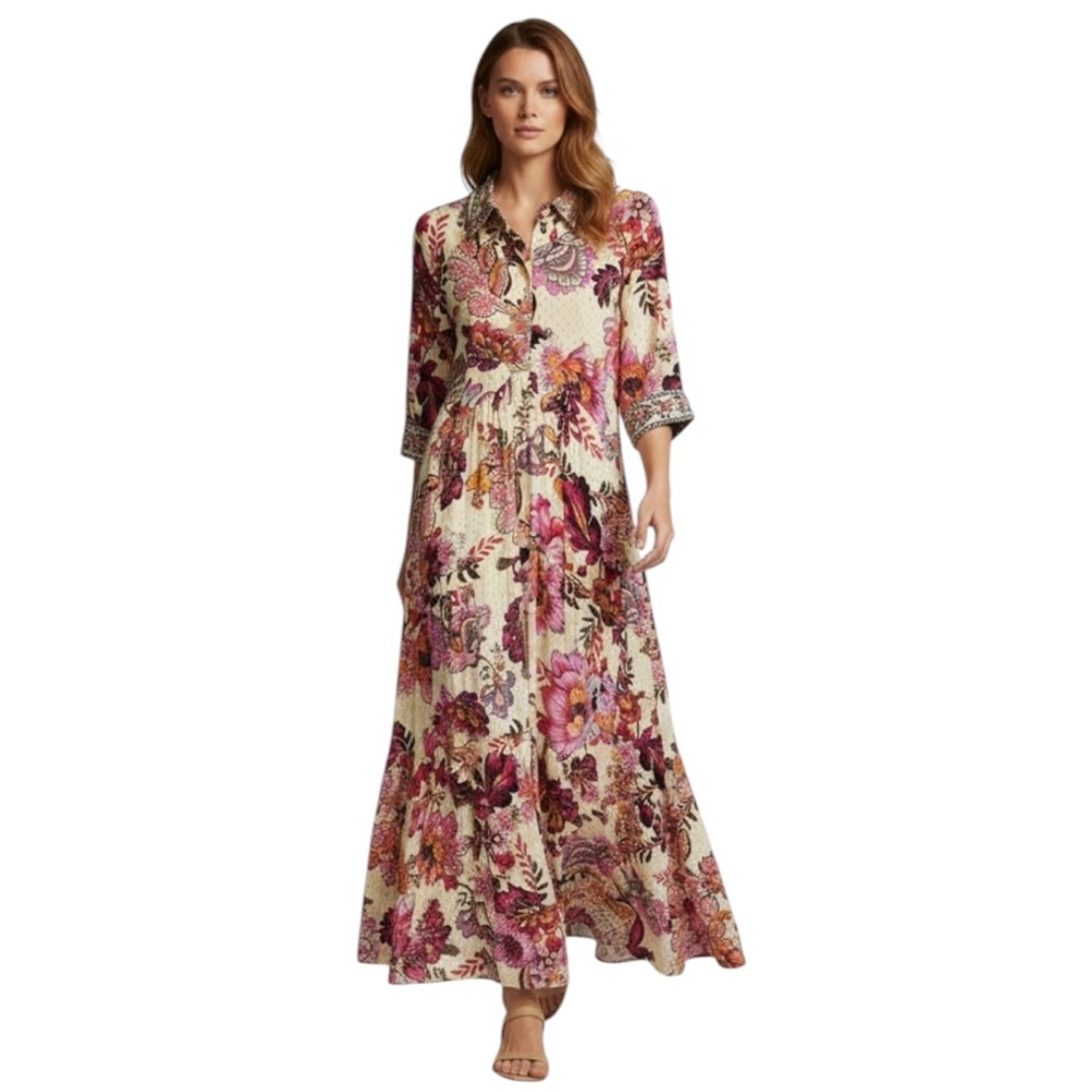 A Loves A Womens Yellow Tiered Maxi Bold Red Floral Prairie Cottagecore Dress XS